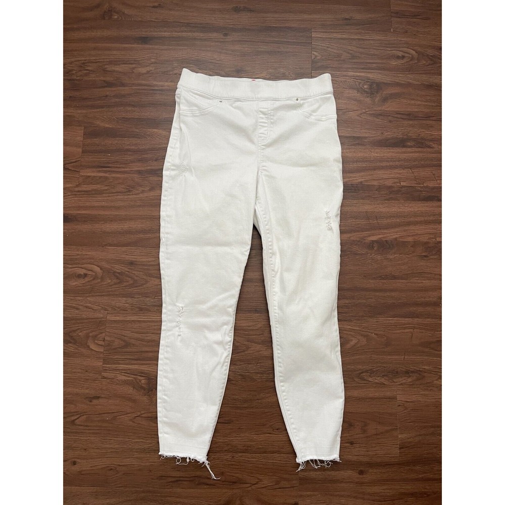 SPANX Jeans Women's Large Pull On Skinny Distressed Raw Frayed Hem WHITE